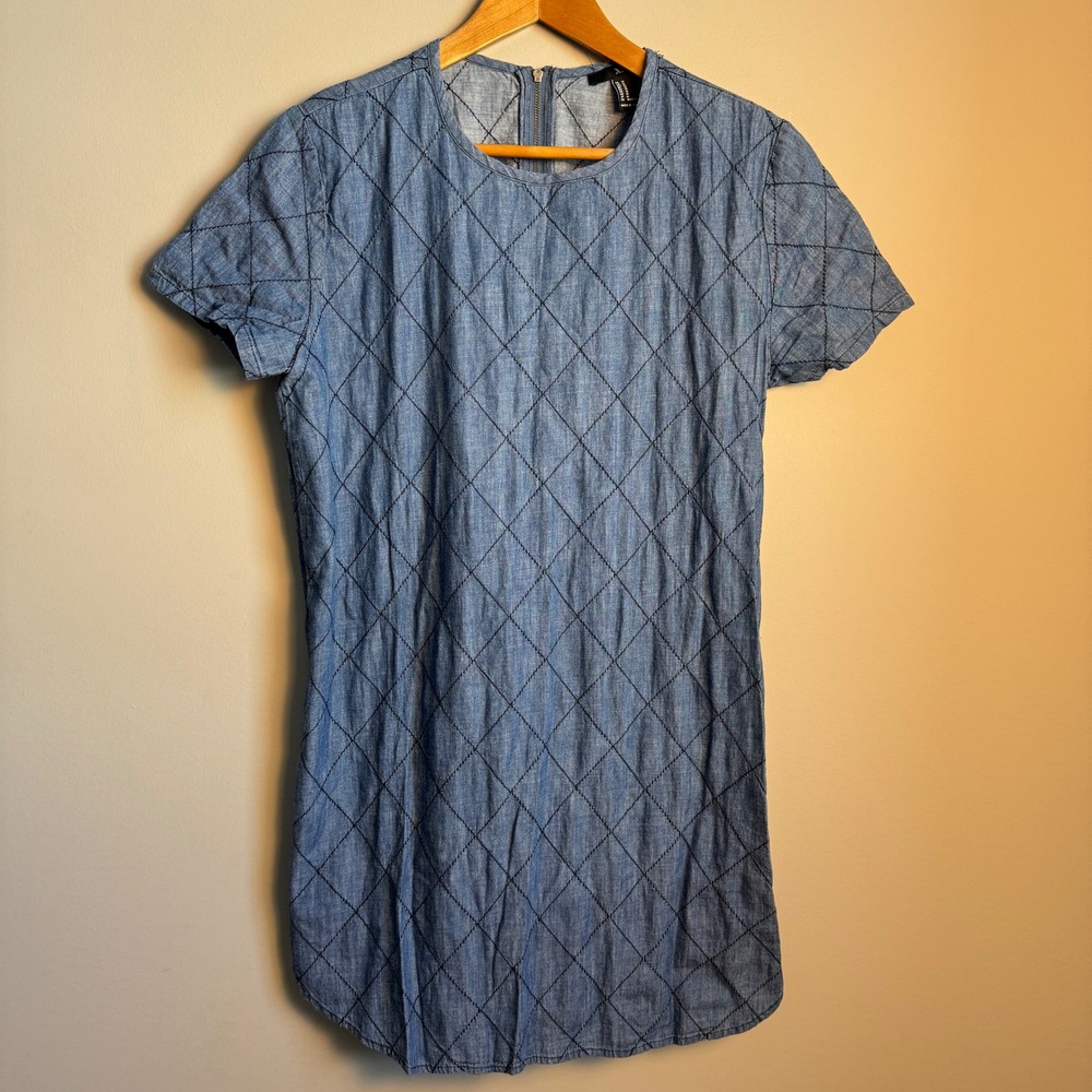 XXI Forever 21 Blue Chambray Shift Dress Short Sleeve Womens M Retro Peasant